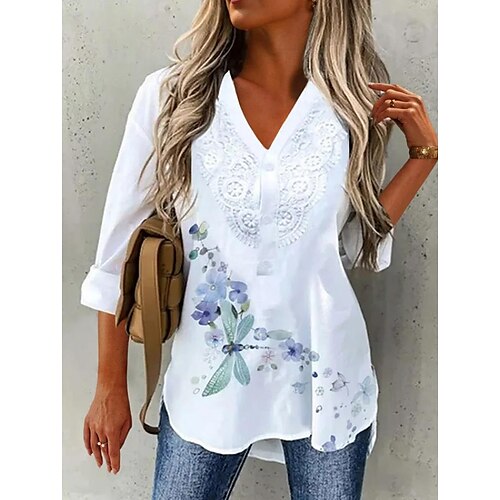 

Women's Blouse Floral Holiday Weekend Floral Blouse Shirt Long Sleeve Button Print Shirt Collar Casual Streetwear White Black Blue S / 3D Print