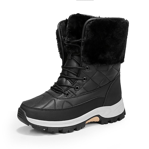 

Women's Boots Snow Boots Plus Size Mid Calf Boots Flat Heel Round Toe Sporty Casual Classic Outdoor Walking Shoes PU Leather Lace-up Fall Winter Solid Colored Black Gray Beige