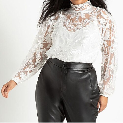 

Women's Plus Size Tops Blouse Shirt Plain Lace Patchwork Long Sleeve High Neck Streetwear Daily Vacation Polyester Fall Winter White Black
