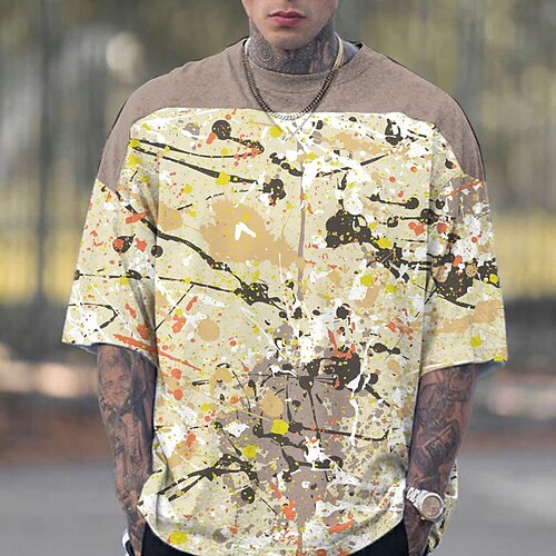 

Men's Unisex T shirt Tee 3D Print Color Block Graphic Prints Crew Neck Daily Holiday Print Long Sleeve Tops Casual Big and Tall Khaki