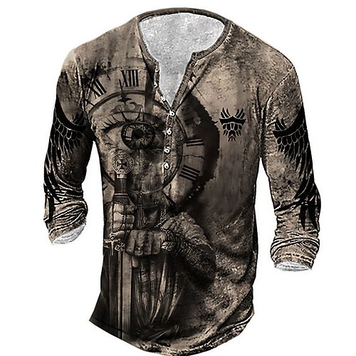 

Men's T shirt Tee Henley Shirt Tee Graphic Soldier Henley Brown Long Sleeve 3D Print Plus Size Outdoor Daily Button-Down Print Tops Basic Designer Classic Comfortable / Sports