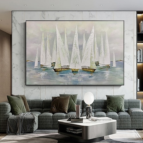 

Handmade Hand Painted Oil Painting Wall Art Large Size Contemporary White Sailboat Landscape Home Decoration Decor Rolled Canvas No Frame Unstretched