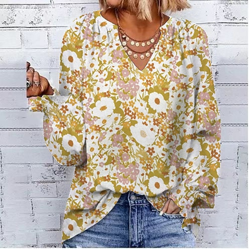 

Women's Shirt Floral Holiday Weekend Floral Shirt Long Sleeve Print V Neck Casual Streetwear Green Black Blue S / 3D Print