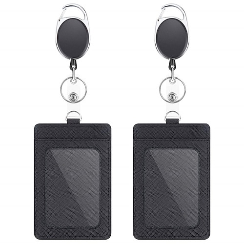 

2 Pack Badge Holders and Heavy Duty Retractable Reel Clips Set Vertical Leather ID Badge Holders with 1 Clear ID Window & 2 Credit Card Slots (Black-2pcs)')