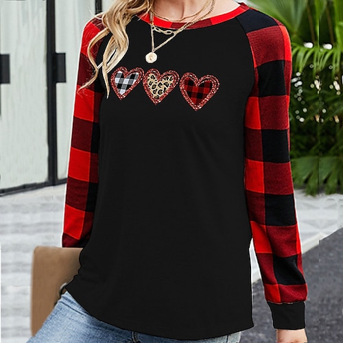 

Women's T shirt Tee Plaid Heart Leopard Casual Weekend Painting T shirt Tee Long Sleeve Print Round Neck Basic Black Gray S / 3D Print