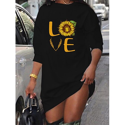 

Women's T Shirt Dress Tee Dress Shift Dress Short Mini Dress Black Long Sleeve Floral LOVE Letter Print Fall Winter Crew Neck Casual Fashion Loose 2022 S M L XL XXL 3XL / Casual Dress