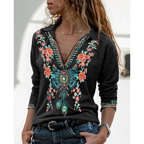 

Women's T shirt Tee Black Flower Print Long Sleeve Casual Weekend Boho V Neck Regular Floral S