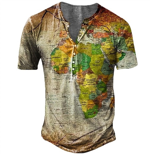 

Men's T shirt Tee Henley Shirt Tee Graphic Map Henley Brown 3D Print Plus Size Outdoor Daily Short Sleeve Button-Down Print Clothing Apparel Basic Casual Big and Tall / Summer / Summer / Sports