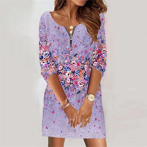 

Women's Casual Dress Shift Dress Green Blue Purple Long Sleeve Floral Zipper Winter Fall Autumn V Neck Winter Dress Fall Dress 2022 XS S M L XL 2XL 3XL 4XL 5XL 6XL