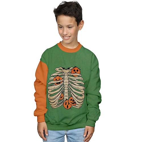 

Kids Boys Halloween Sweatshirt Skull Outdoor 3D Print Long Sleeve Crewneck Active 3-12 Years Winter Green