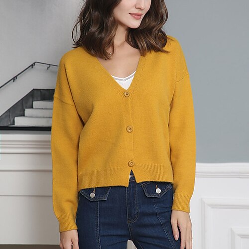 

Women's Cardigan Sweater Jumper Crochet Knit Knitted Button Solid Color V Neck Stylish Casual Daily Date Fall Winter Green Black S M L / Long Sleeve