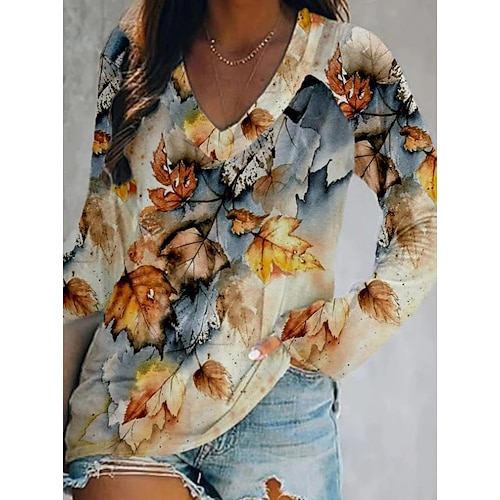 

T shirt Tee Femme Noir Jaune Rose Claire Floral Lettre Imprimer manche longue Casual Fin de semaine basique Col V Normal Standard Fleur Peinture S