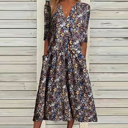 

Women's A Line Dress Swing Dress Midi Dress Green Brown Half Sleeve Floral Print Fall Winter V Neck Casual Loose 2022 S M L XL 2XL 3XL / Casual Dress