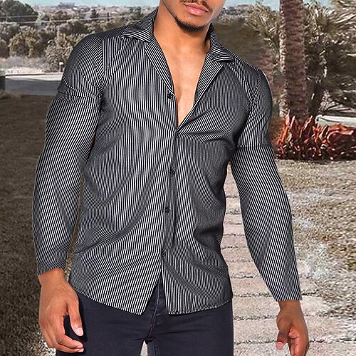 

Men's Shirt Striped Turndown Street Casual Button-Down Long Sleeve Tops Casual Fashion Breathable Comfortable Black / Summer