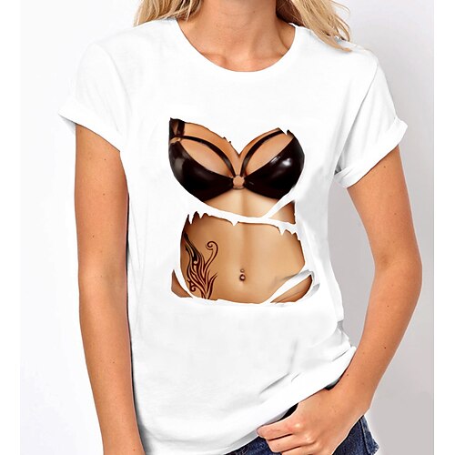

Women's T shirt Tee White Black Graphic 3D Print Short Sleeve Daily Basic Sexy Round Neck Regular 100% Cotton 3D Printed S