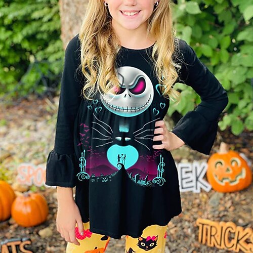 

The Nightmare Before Christmas Kids Girls' Christmas T shirt Skull Outdoor 3D Print Long Sleeve Ruffle Active 3-12 Years Winter Navy Blue