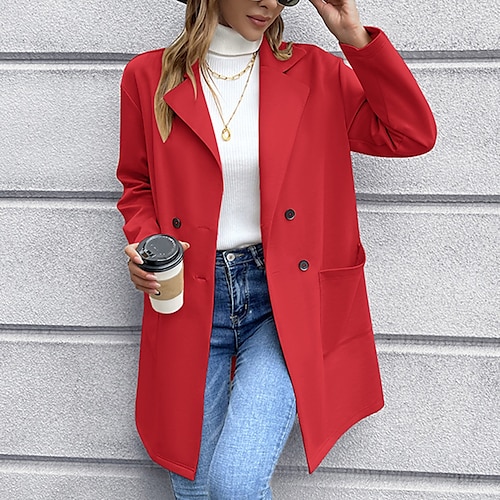 

Women's Blazer Windproof Warm Outdoor Street Daily Vacation Button Pocket Double Breasted Turndown Casual Street Style Solid Color Regular Fit Outerwear Long Sleeve Winter Fall Black Khaki Red S M L