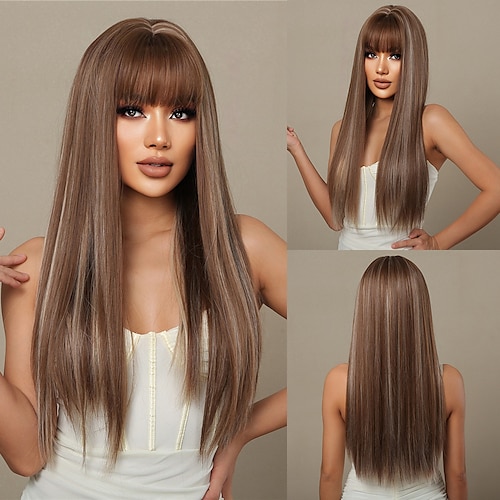 

Synthetic Wig kinky Straight Neat Bang Machine Made Wig 26 inch A1 Synthetic Hair Women's Brown