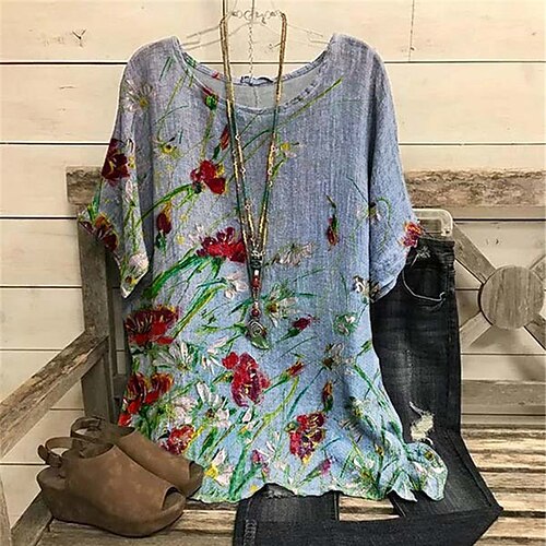 

Women's Plus Size Tops Blouse Shirt Floral Print Short Sleeve Crewneck Streetwear Daily Vacation Polyester Spring Summer Green Blue