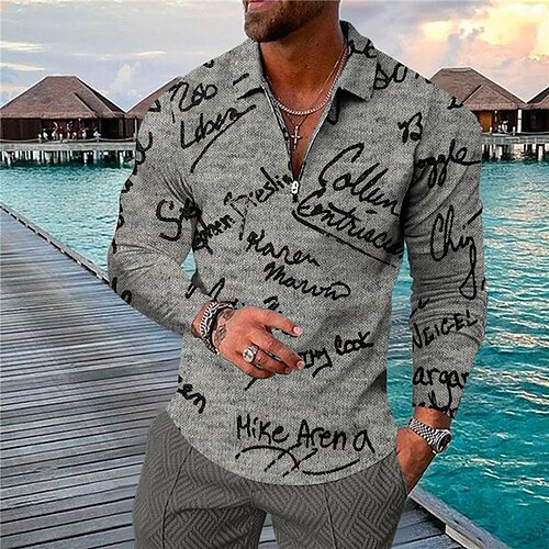 

Men's Collar Polo Shirt Golf Shirt Letter Turndown Gray 3D Print Outdoor Street Long Sleeve Zipper Print Clothing Apparel Fashion Designer Casual Breathable