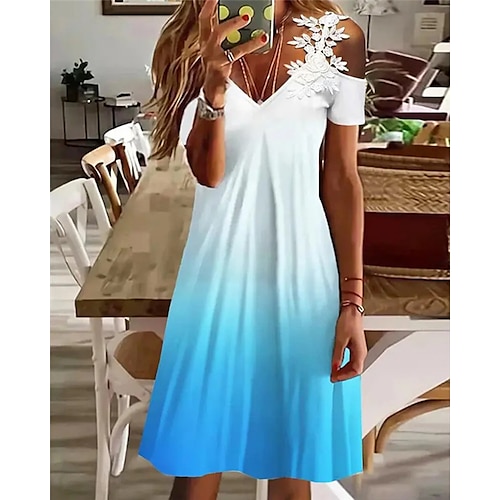 

Mujer Vestido informal Vestido de una línea Vestido Midi Azul Piscina Manga Corta Gradiente de Color Encaje Primavera Verano Escote en Pico Vacaciones 2023 S M L XL XXL 3XL