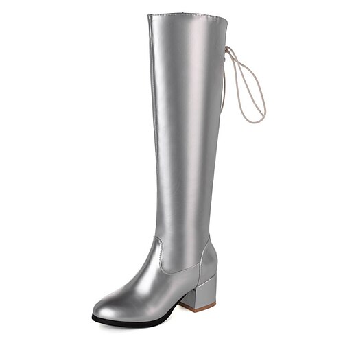 

Women's Boots Daily Knee High Boots Winter Lace-up Chunky Heel Round Toe Classic PU Leather Zipper Solid Colored Silver Gold