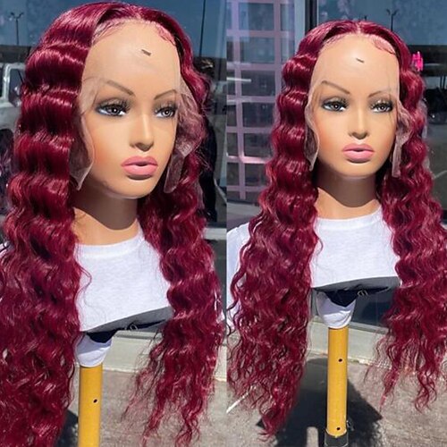 

Remy Human Hair 13x4 Lace Front Wig Free Part Brazilian Hair Wavy Deep Wave Burgundy Wig 130% 150% Density with Baby Hair Highlighted / Balayage Hair Natural Hairline 100% Virgin Pre-Plucked For