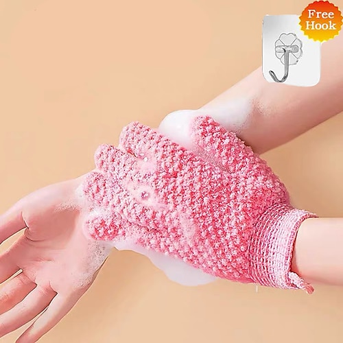 

1 Pair Exfoliating Dual Texture Bath Mitten for Shower Spa Massage and Body Scrubs Dead Skin Cell Remover Gloves with Hanging Loop and Self-adhesive Hook