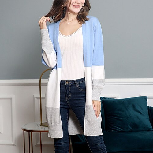 

Women's Cardigan Sweater Jumper Crochet Knit Patchwork Knitted Color Block Open Front Stylish Casual Outdoor Daily Winter Fall Blue Khaki S M L / Long Sleeve / Regular Fit / Going out