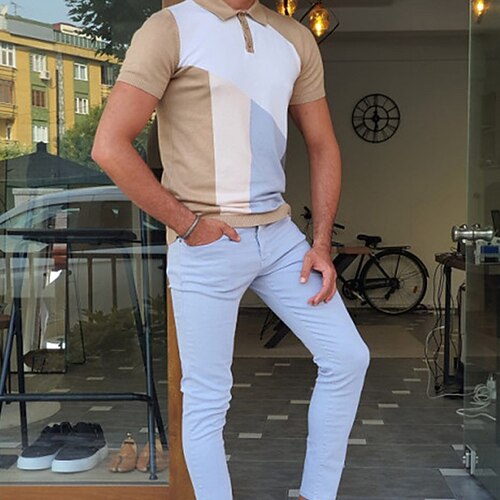 

Men's Collar Polo Shirt Knit Polo Sweater Golf Shirt Color Block Turndown Khaki Street Daily Short Sleeve Zipper Clothing Apparel Fashion Casual Comfortable Big and Tall / Summer / Summer / Sports