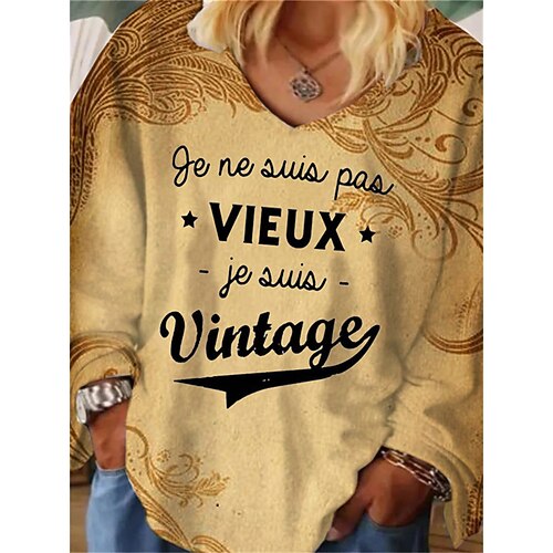 

Women's Plus Size Tops T shirt Tee Letter Print Long Sleeve V Neck Streetwear Daily Vacation Cotton Spandex Jersey Fall Winter Yellow