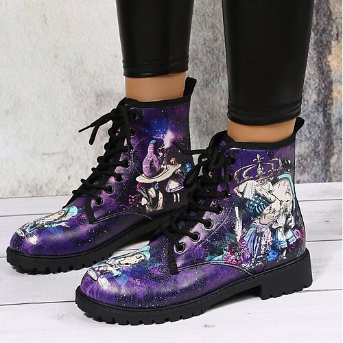 

Women's Boots Daily Combat Boots Booties Ankle Boots Winter Lace-up Block Heel Round Toe Casual PU Leather Lace-up Dark Purple