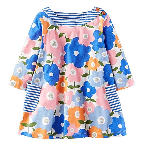 

Kids Little Girls' Dress Floral Cartoon A Line Dress Daily Vacation Blue Long Sleeve Beautiful Cute Dresses Fall Winter Regular Fit 2-8 Years