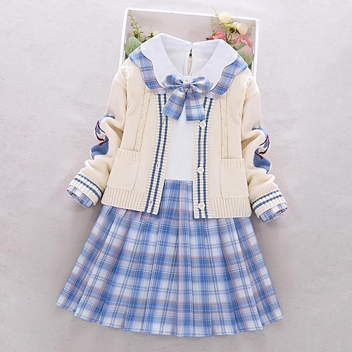 

2 Pieces Kids Girls' DressSet Clothing Set Outfit Plaid Long Sleeve Cotton Set School Fashion Sweet Winter Fall 3-12 Years Blue Purple