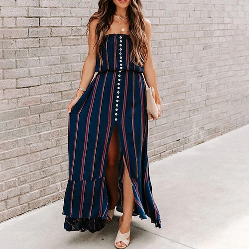 

Women's A Line Dress Maxi long Dress Dark Blue Sleeveless Striped Split Button Spring Summer Strapless Stylish Casual 2022 S M L XL XXL 3XL