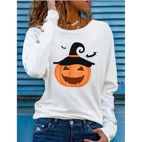 

Women's T shirt Tee Green Red White Pumpkin Print Long Sleeve Halloween Casual Basic Halloween Round Neck Regular Cotton S