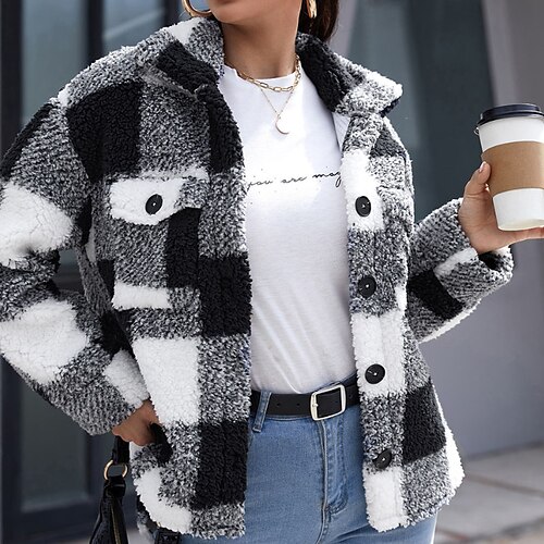 

Women's Winter Jacket Teddy Coat Winter Coat Warm Breathable Outdoor Daily Wear Vacation Going out Pocket Single Breasted Turndown Active Cute Ordinary Comfortable Plaid Regular Fit Outerwear Long