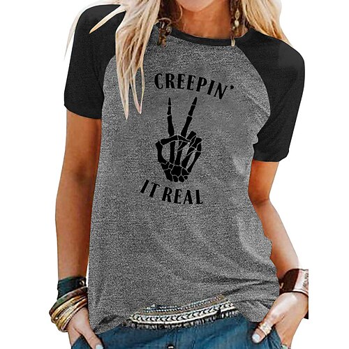 

Women's T shirt Tee Graphic Skull Letter Halloween Casual Daily T shirt Tee Short Sleeve Print Round Neck Basic Green Blue Light gray S