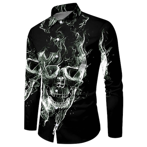 

Men's Shirt Skull Turndown Black 3D Print Outdoor Halloween Long Sleeve Button-Down Print Clothing Apparel Vintage Cool Designer Casual