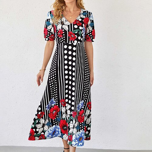 

Women's Casual Dress A Line Dress Maxi long Dress Black Short Sleeve Floral Polka Dot Print Spring Summer V Neck Casual Mature Loose 2022 S M L XL XXL 3XL 4XL 5XL
