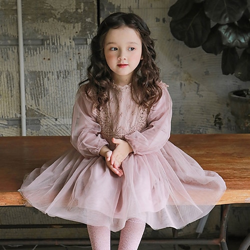 

Kids Girls' Dress Solid Colored A Line Dress Asymmetrical Dress Daily Cotton Long Sleeve Princess Dress 3-10 Years Winter Pink White