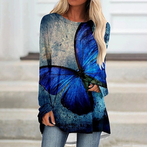 

Women's T shirt Tee Green Blue Purple Floral Butterfly Print Long Sleeve Casual Weekend Basic Round Neck Long Floral Butterfly Painting S / 3D Print