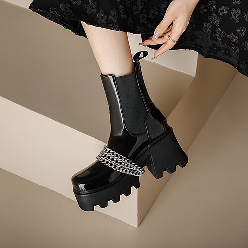 

Women's Boots Goth Boots Booties Ankle Boots Chunky Heel Square Toe Gothic Christmas Party Patent Leather Elastic Band Fall Winter Solid Colored Black