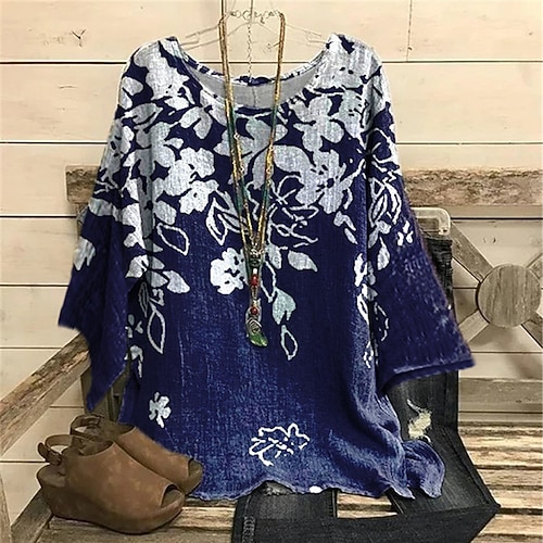 

Women's Plus Size Tops Blouse Shirt Floral Print Long Sleeve Crewneck Streetwear Daily Vacation Polyester Fall Winter Green Dark Blue