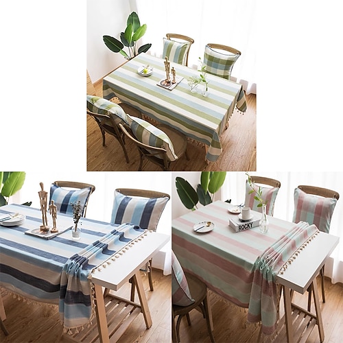 

Striped Table Cloth Tassel Cotton Linen Table Cover Rectangle/Oblong Tablecloths for Kitchen Dinning Hotel Outdoor Picnic Wedding Wrinkle Free