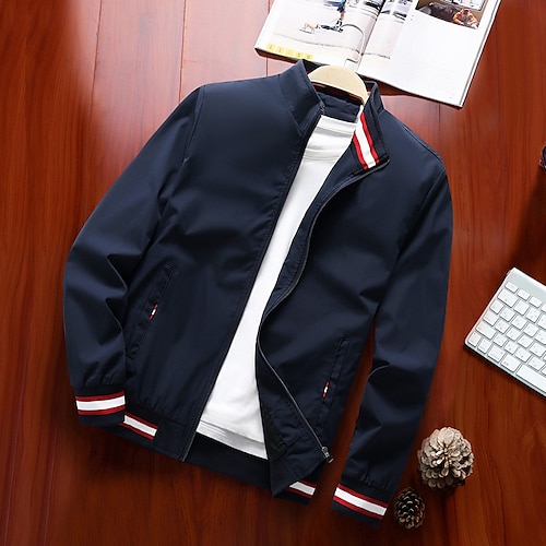

Men's Bomber Jacket Windproof Warm School Street Daily Zipper Stand Collar Casual Casual Daily Comfortable Jacket Outerwear Color Block Pocket Dark Navy