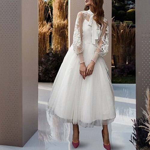 

A-Line Wedding Dresses High Neck Tea Length Lace Tulle Sleeveless Romantic Vintage Sexy Little White Dress Black Backless with Bow(s) Pleats Appliques 2022