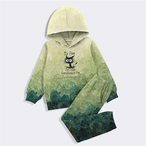 

2 Pieces Kids Boys Hoodie & Pants HoodieSet Clothing Set Outfit Animal Cat Letter Long Sleeve Print Set Outdoor Sports Fashion Cool Winter Fall 3-12 Years Green Blue Beige