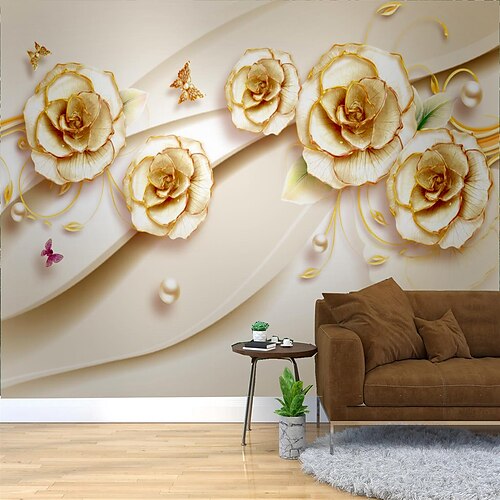 

Art Deco 3D Mural Wallpaper Color Golden Flowers Suitable For Hotel Living Room Bedroom Home Decoration Canvas Material Self adhesive Wallpaper Mural Wall Cloth