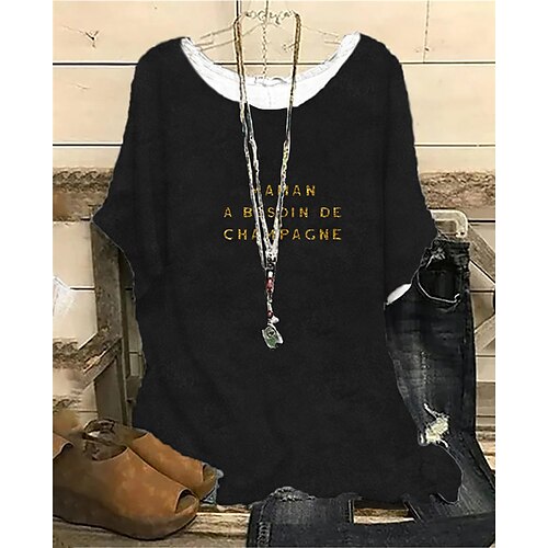 

Women's Plus Size Tops Blouse Shirt Letter Print Short Sleeve Crewneck Streetwear Daily Vacation Polyester Spring Summer Black